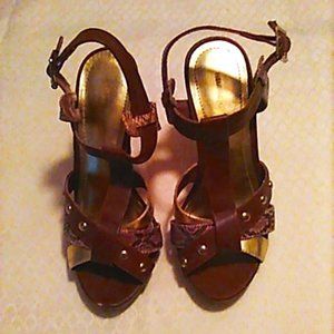 Shoes H&MH Sandals Size 37/6.5 Brown/Gold/Reptile Print Straps 4" Heels BOHO